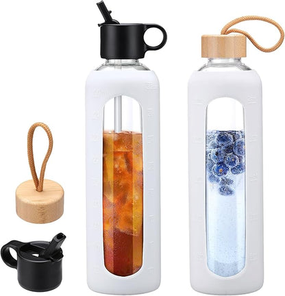 32oz Glass Water Bottle With 2 Lids-Flip Straw Lid, Bamboo Lid, Glass Water Bottle With Silicone Sleeve, Motivational Time Marker, Glass Juice Bottle for Cold Drink,White