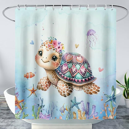 AILONEN Cartoon Sea Turtle Shower Curtain,Kawaii Ocean Sea Turtle Bath Curtain Set for Kids Girls,Ocean Flowers Bathroom Curtains,Watercolor Blue Shower Curtains for Bathroom, 72" W*96" H