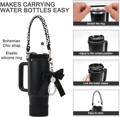 BELSITA Stanley Cup Accessories Set, Bow Pearl Chain Braided Design Water Bottle Handle Strap, Silicone Stanley Cup Boot, Stanley Charms for Stanley Cup 30/40oz Tumble (Black)