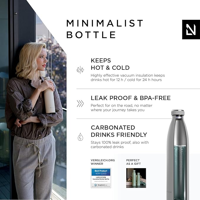 LARS NYSØM Stainless Steel Insulated Water Bottle 12oz 17oz 25oz 34oz 51oz | BPA-free Insulated Thermo Flask for Hot and Cold Beverages | Leakproof Drinking Bottle (Cool Grey, 34oz)