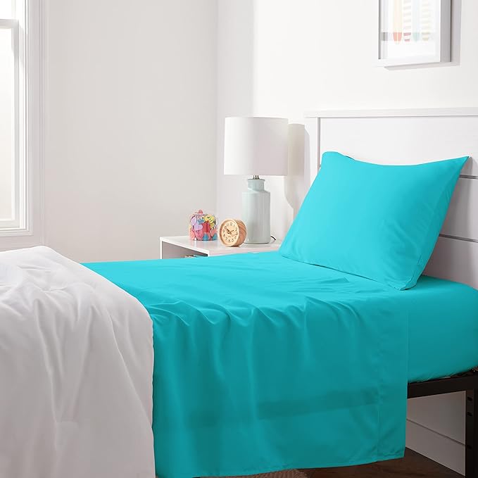 Amazon Basics Kid's Soft Easy-Wash Lightweight Microfiber 3-Piece Sheet Set, Toddler, Bright Aqua, Solid