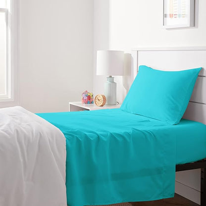 Amazon Basics Kid's Soft Easy-Wash Lightweight Microfiber 3-Piece Sheet Set, Toddler, Bright Aqua, Solid