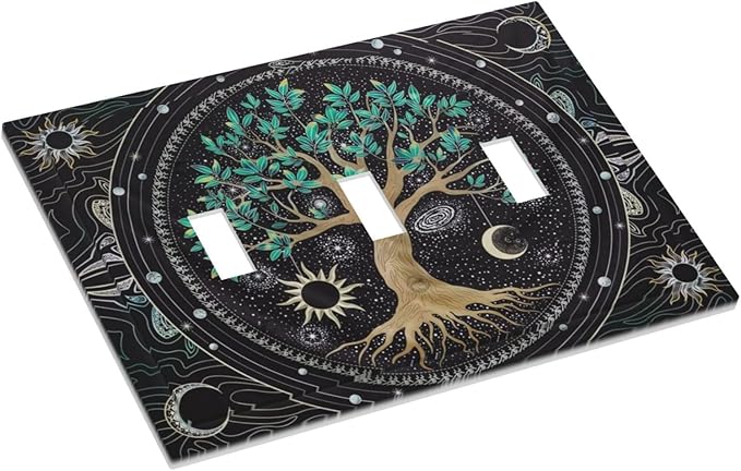 Tree of Life Blackground 3 Gang Light Switch Plate Decorative Hippie Sun Moon Star Triple Toggle Wall Plate Cover Electrical Faceplate Switchcover for Bathroom Bedroom Livingroom Art Panel Decor