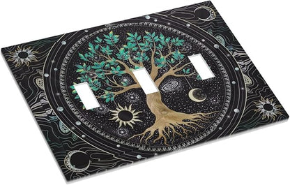 Tree of Life Blackground 3 Gang Light Switch Plate Decorative Hippie Sun Moon Star Triple Toggle Wall Plate Cover Electrical Faceplate Switchcover for Bathroom Bedroom Livingroom Art Panel Decor
