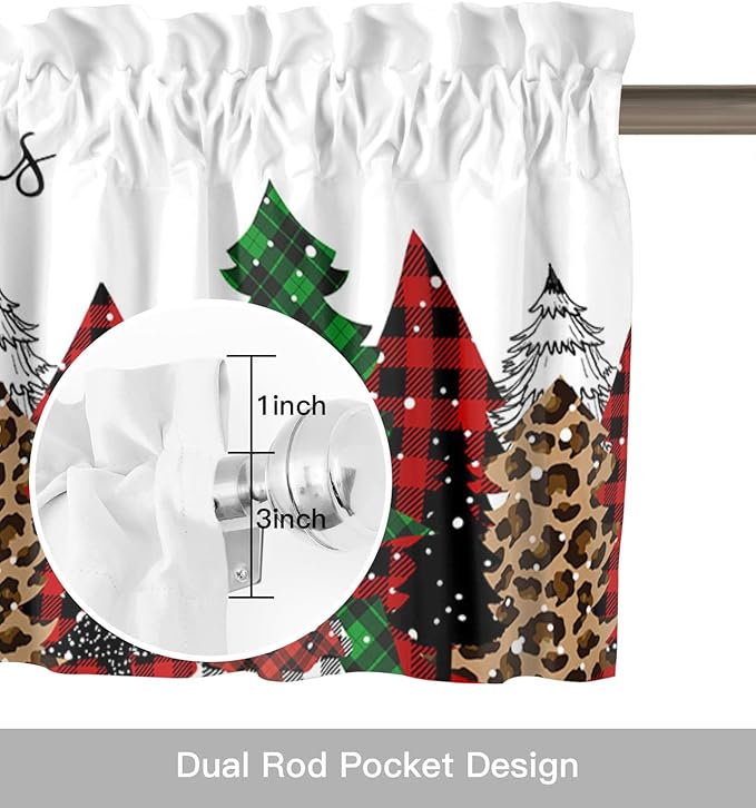 Merry Christmas Kitchen Curtains and Valances Set, Buffalo Plaid Xmas Tree Winter Forest Farmhouse Small Windows Treatments Tiers Short Curtains for Cafe /Living Room/ Bedroom 54x36 in Red Green