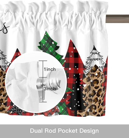Merry Christmas Kitchen Curtains and Valances Set, Buffalo Plaid Xmas Tree Winter Forest Farmhouse Small Windows Treatments Tiers Short Curtains for Cafe /Living Room/ Bedroom 54x36 in Red Green
