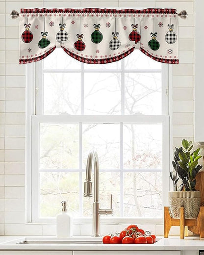Christmas Blackout Tie Up Valance Curtains for Kitchen Windows Vintage Buffalo Plaid Christmas Balls Window Toppers Balloon Shades for Living Room/Bathroom/Bedroom,1 Panel,60" X 18" Farmhouse
