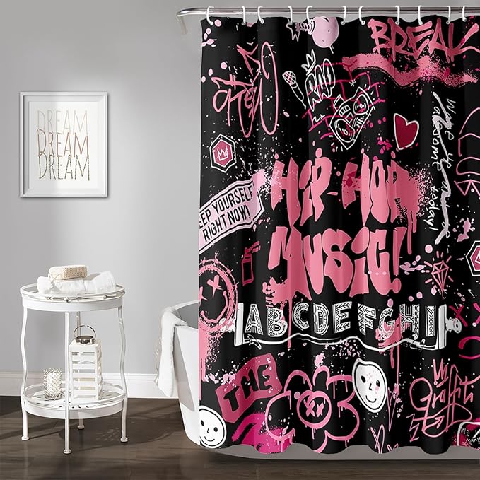 AILONEN Black Pink Graffiti Shower Curtains for Teens Girls,Hip-Hop Music Bath Shower for Bathroom,Polyester Waterproof with 12 Hooks,72" W*96" H Black Pink