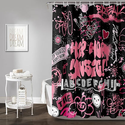 AILONEN Black Pink Graffiti Shower Curtains for Teens Girls,Hip-Hop Music Bath Shower for Bathroom,Polyester Waterproof with 12 Hooks,72" W*84" H Black Pink