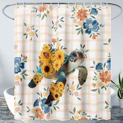 AILONEN Sea Turtle Shower Curtain for Bathroom, Sunflower Turtle Bathroom Curtain,Ocean Turtle Floral Grid Bath Curtain 72" W*72" H Polyester Waterproof Bathroom Curtain with 12 Hooks