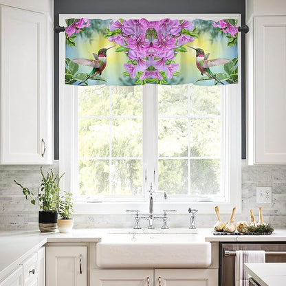 Pink Flowers Valance Curtains for Kitchen Window, Hummingbird Rod Pocket Valances Window Treatments Short Curtains for Bedroom/Living Room,54" X 18" -1 Panel,