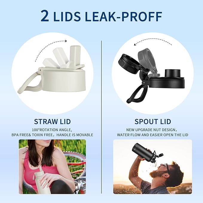 32oz Insulated Water Bottle with Paracord Handles & Strap, 2 Lids(Straw Lid&Spout Lid), Stainless Steel Reusable Wide Mouth Metal Water Bottle With Straw, Double Walled, Thermo Mug,（White Leoqard)