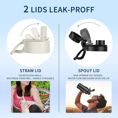 32oz Insulated Water Bottle with Paracord Handles & Strap, 2 Lids(Straw Lid&Spout Lid), Stainless Steel Reusable Wide Mouth Metal Water Bottle With Straw, Double Walled, Thermo Mug,（White Leoqard)