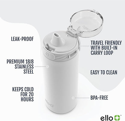 Ello Cooper 18oz Kids Stainless Steel Water Bottle with Straw and Carry Handle, Double Walled and Vacuum Insulated Metal, Leak Proof Locking Lid with Soft Silicone Spout, Reusable, BPA Free, White