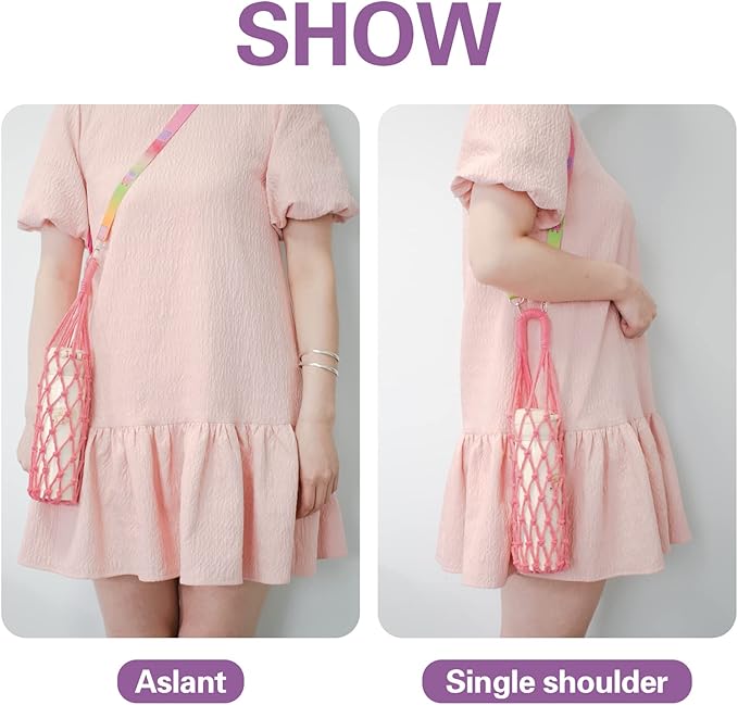 3 Pcs Macrame Water Bottle Carrier, Cotton Water Bottle Bag Crochet Bottle Bag with 3 Colorful Adjustable Shoulder Strap Boho Bottle Sling Bag Wine Bottle Carrier for Gym Hiking Camping Cycling