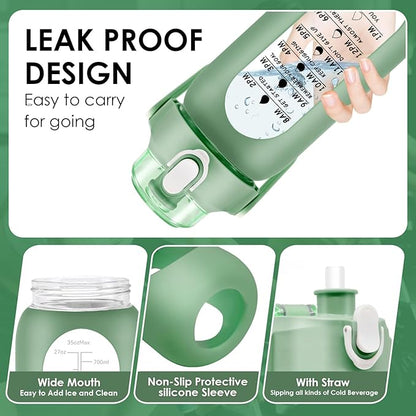 32 oz Glass Water Bottle with Time Marker - 1000ml Large Sports Motivational Water Bottles with Handle & Silicone Case, 1 Liter Leak-proof Measured Drinking Bottle for Gym Fitness Workout (Green)
