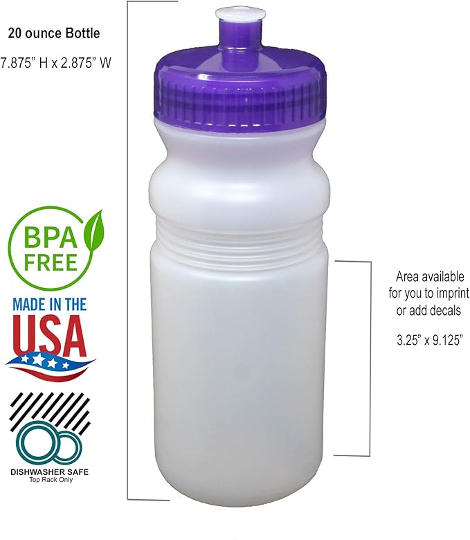 Rolling Sands 20 Ounce Sports Water Bottles 24 Pack, BPA-Free, Made in USA, Dishwasher Safe, Clear Frost Bottles/Purple Lids