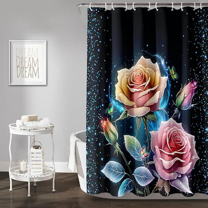 AILONEN Pink Rose Shower Curtain,Galaxy Butterfly Rose Flower Curtain for Kids Girls Women,Modern Romantic Curtain,Print Polyester Waterproof with 12 Plastic Hooks, 60" W*72" H