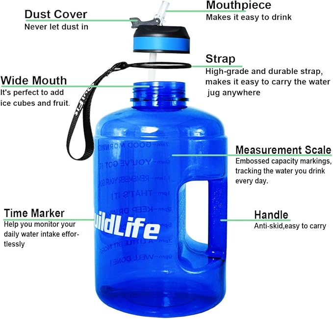 QuiFit Motivational Gallon Water Bottle - with Straw & Time Marker BPA Free Large Reusable Sport Water Jug with Handle for Fitness Outdoor Enthusiasts Leak-Proof