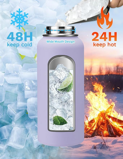 32 oz Insulated Water Bottle with Straw - Pop-up Spout Lid, Paracord Handle, Carrier Bag with Strap, Leak Proof Stainless Steel Water Bottle 32oz, Cold Flask Jug for Traveling Hiking