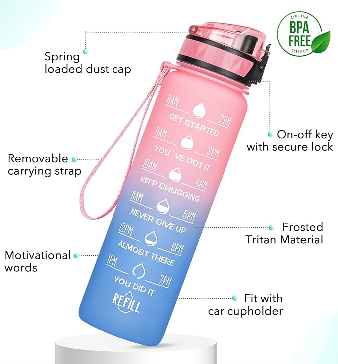 32oz/26oz Motivational Water Bottle with Time Marker & Fruit Strainer, Leak-proof BPA Free Non-Toxic 1l Bottle with Carrying Strap, Perfect for Fitness, Gym and Outdoor Sports, Plastic