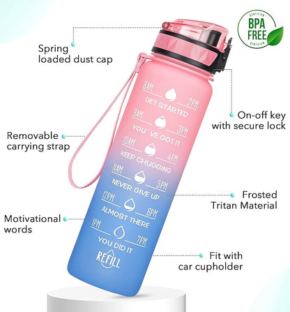 32oz/26oz Motivational Water Bottle with Time Marker & Fruit Strainer, Leak-proof BPA Free Non-Toxic 1l Bottle with Carrying Strap, Perfect for Fitness, Gym and Outdoor Sports, Plastic