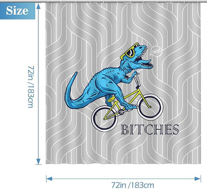Aimego Funny Shower Curtain Blue Dinosaur Ride A Bike Pattern Cute Dino Pattern Shower Curtain Set with 12 Hooks for Bathroom Decor Accessories Bathtub Curtain, 72"x72"