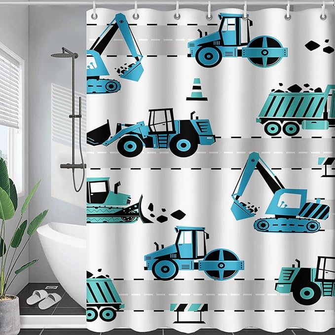AILONEN Cartoon Kids Truck Shower Curtain,Waterproof Durable,Blue Forklift Truck Excavator Bath Curtain for Boys Girls,Construction Themed Bathroom Decor with 12 Plastic Hooks, 72" W x 96" H