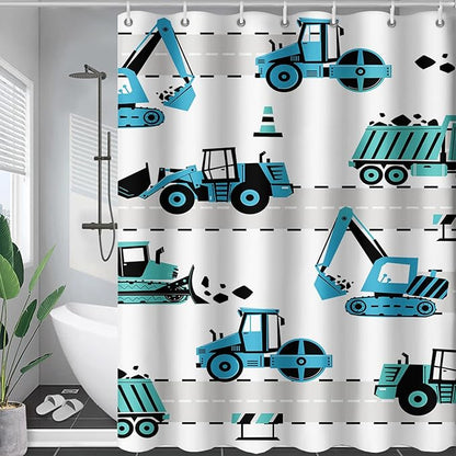 AILONEN Cartoon Kids Truck Shower Curtain,Waterproof Durable,Blue Forklift Truck Excavator Bath Curtain for Boys Girls,Construction Themed Bathroom Decor with 12 Plastic Hooks, 72" W x 96" H