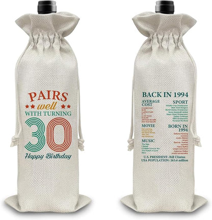 30th Birthday Gifts Wine Bag Congratulations Gifts for Women Men Parents Mom Dad Anniversary Favors 1994 with Time Information Wine Gift Bag