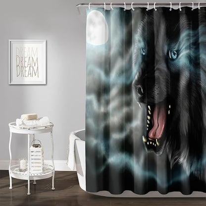 AILONEN Howling Wolf Shower Curtain,Cloud Moon Wolf Bath Curtain,Wildlife Wolf Polyester Waterproof for Bathroom,36" W*72" H with Plastic Hooks
