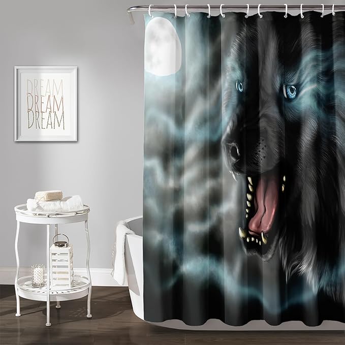 AILONEN Howling Wolf Shower Curtain,Cloud Moon Wolf Bath Curtain,Wildlife Wolf Polyester Waterproof for Bathroom,60" W*72" H with 12 Plastic Hooks