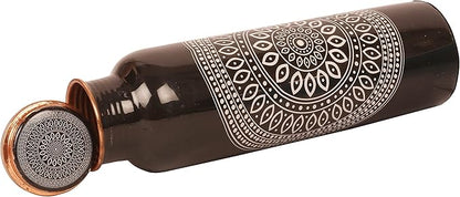 Pure Copper Water Bottle - Handcrafted - Ayurveda health benefits - Large 35 oz - Leak proof - Easy to carry for Sports, Fitness, Yoga, School - Ethnic Rangoli Inspired Black Base Enamel