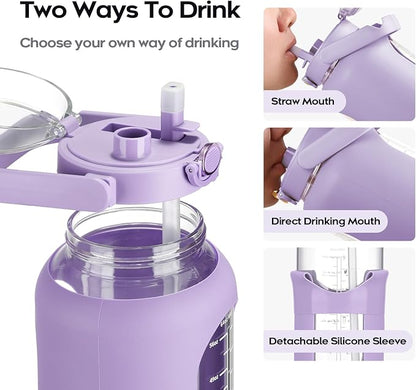 74 oz Glass Water Bolttles with Straw Large Motivational Water Bottle with Time Marker Sports Water Bottles with Silicone Sleeve and Handle Lid 2.2L Water Jug for Gym Workout