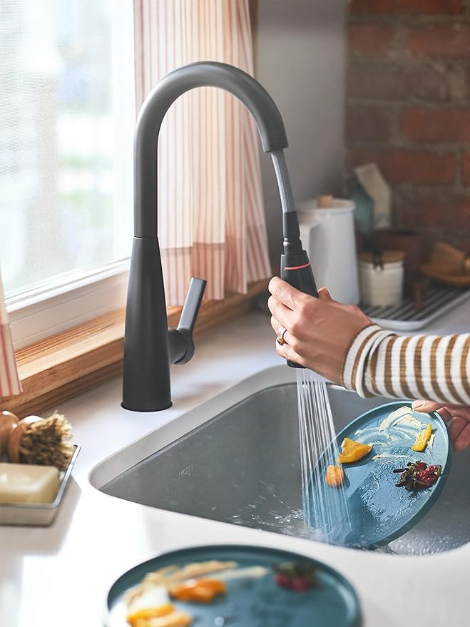 Moen 87627EIBL Haelyn Matte Black Single-Handle Pull-Down Kitchen Faucet with LED Light Colorcue Temperature Indicator and Soap Dispenser