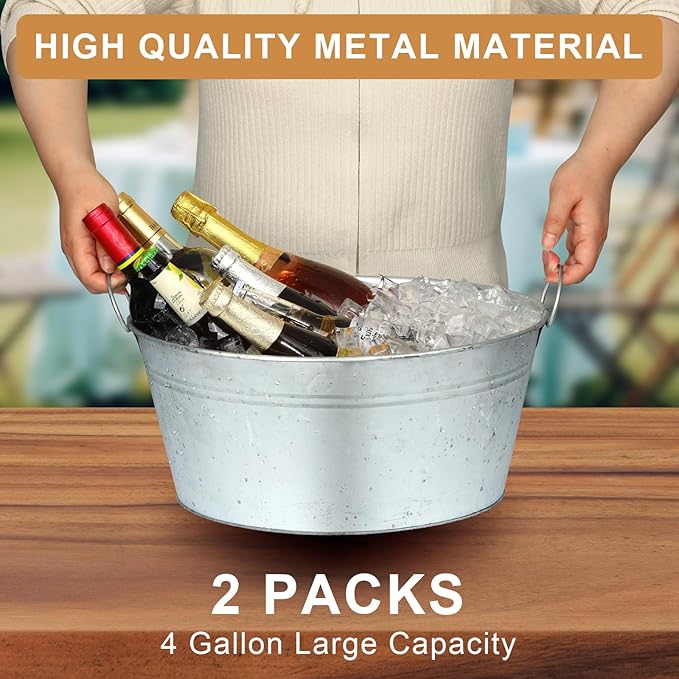 4 Gallon Galvanized Tub Ice Bucket for Parties, 2pcs Galvanized Bucket Beverage Tub Large Metal Bucket with Handles, Tin Beverage Tub Wine Beer Drink Tub Cooler for Cocktail Bar (Galvanized Buckets)
