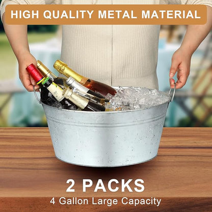 4 Gallon Galvanized Tub Ice Bucket for Parties, 2pcs Galvanized Bucket Beverage Tub Large Metal Bucket with Handles, Tin Beverage Tub Wine Beer Drink Tub Cooler for Cocktail Bar (Galvanized Buckets)