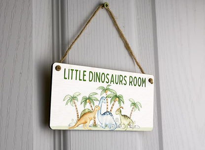 Dino Adventure Plywood Hanging Sign - Full Colour Kids Room Décor - Reads 'Little Dinosaurs Room' - Cute Dinosaur Theme Nursery & Door Sign, Silver