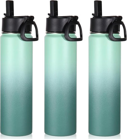 Volhoply 24oz Insulated Water Bottle With Straw Bulk 3 Pack,Metal Wide Mouth Water Bottles With Handle Lid Keep Cold,Reusable Double Wall Thermos,Powder Coated Sport Bottle For Holder(Mojito,3 Count)