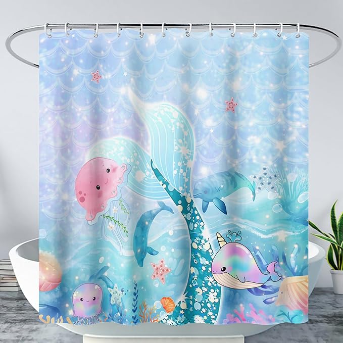AILONEN Mermaid Tail Shower Curtain Set, Beautiful Glitter Mermaid Tail Cloth Bath Curtain for Bathroom,Cute Whale Jellyfish Polyester Waterproof Shower Curtain with Hooks,48" Wx72 H