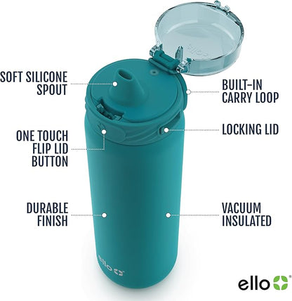 Ello Cooper 32oz Stainless Steel Water Bottle with Straw and Carry Handle, Double Walled and Vacuum Insulated Metal, Leak Proof Locking Lid with Soft Silicone Spout, Reusable, BPA Free, Antigua