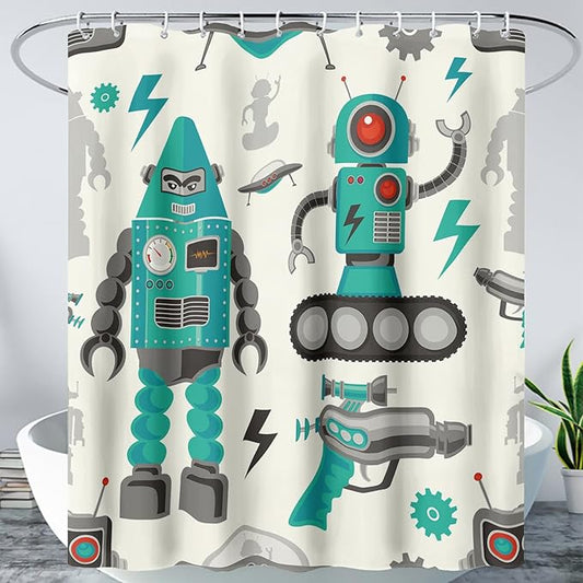 AILONEN Robot Shower Curtain,Cartoon Green Tank Robot Bathroom Decors, 60" W*72" H Logistic Robots Waterproof Shower Curtain for Boys Girls Teens Kids