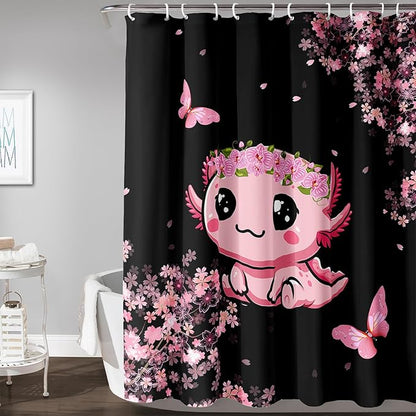 AILONEN Cute Cartoon Axolotl Kawaii Shower Curtain,Pink Cherry Blossom Floral Bath Curtain,Animal Axolotl Butterfly Waterproof Black Curtain for Bathroom, 72" W x 96" H