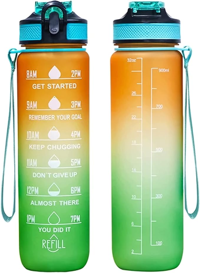 32oz Large Water Bottle with Motivational Time Marker - Sport Style with Deluxe Sip-Gulp Lid, Durable Tritan Plastic, Food Grade, Dishwasher Safe, Carry Strap (Light-Orange-Green)