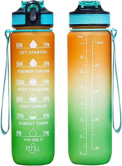 32oz Large Water Bottle with Motivational Time Marker - Sport Style with Deluxe Sip-Gulp Lid, Durable Tritan Plastic, Food Grade, Dishwasher Safe, Carry Strap (Light-Orange-Green)