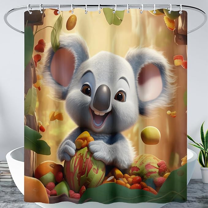 AILONEN Cartoon Koala Shower Curtain for Kids,Kawaii Fruit Koala Shower Curtain for Bathroom,Girls,Lovely Animals Shower Curtain Set with Hooks,72" W*72" H