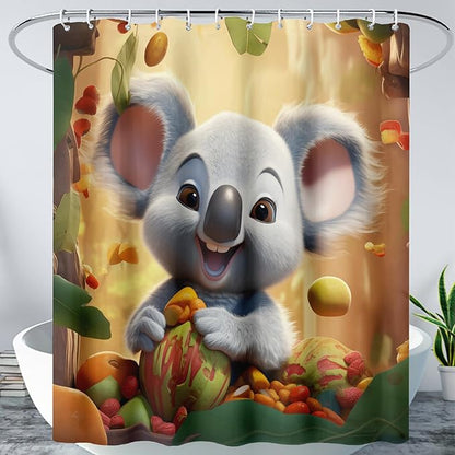 AILONEN Cartoon Koala Shower Curtain for Kids,Kawaii Fruit Koala Shower Curtain for Bathroom,Girls,Lovely Animals Shower Curtain Set with Hooks,60" W*72" H
