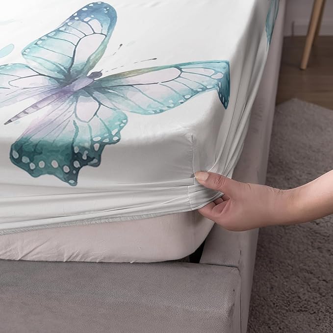 AILONEN Wolf Fitted Sheet Set Twin XL Size, Blue Tie Dye Wolf Bed Sheet Set Decor,3 Pieces Moon Wolf Sheet Set,Modern Watercolor Wolf and Butterfly Fitted Sheet with 2 Pillowcases