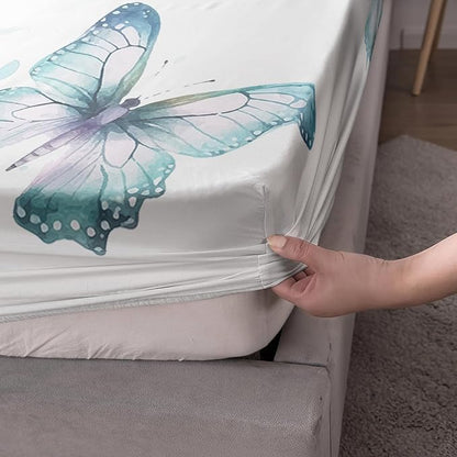 AILONEN Wolf Fitted Sheet Set Twin XL Size, Blue Tie Dye Wolf Bed Sheet Set Decor,3 Pieces Moon Wolf Sheet Set,Modern Watercolor Wolf and Butterfly Fitted Sheet with 2 Pillowcases