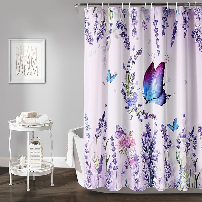 AILONEN Girls Butterfly Shower Curtain for Bathroom, Blooming Lavender Flower Purple Bath Curtain 72" W*78" H Polyester Fabric Waterproof Bathroom Curtain with 12 Hooks